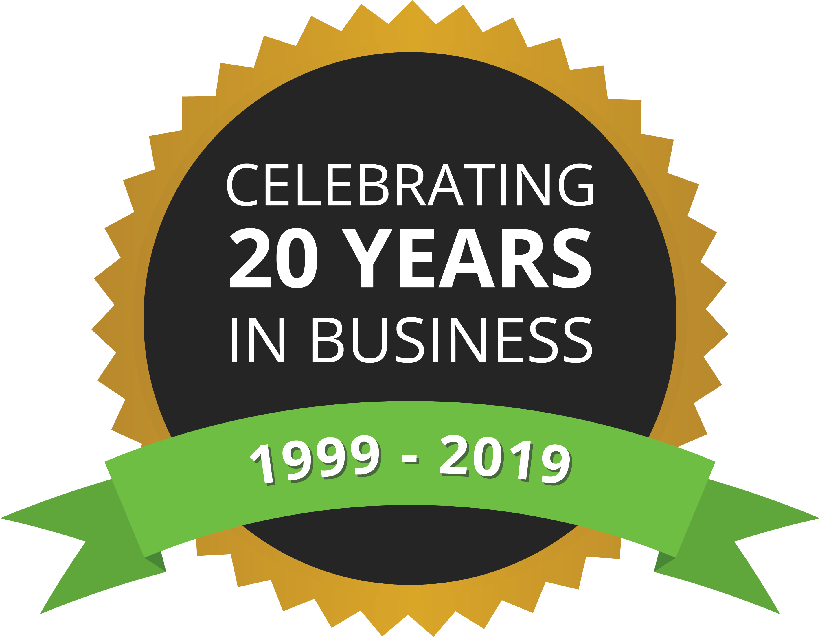 Celebrating 20 years in business star badge